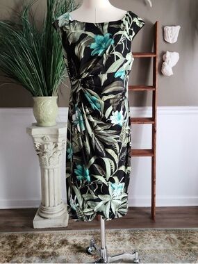 Connected Apparel black & mint tropical print faux wrap shift dress